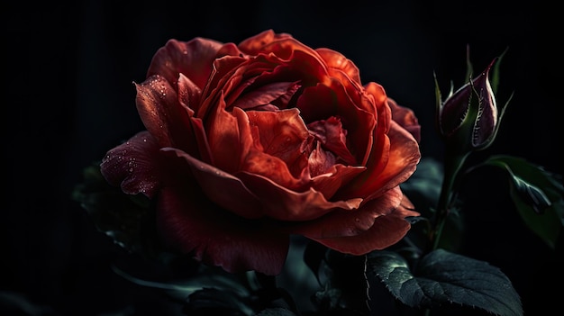 A red rose is illuminated by a black background.