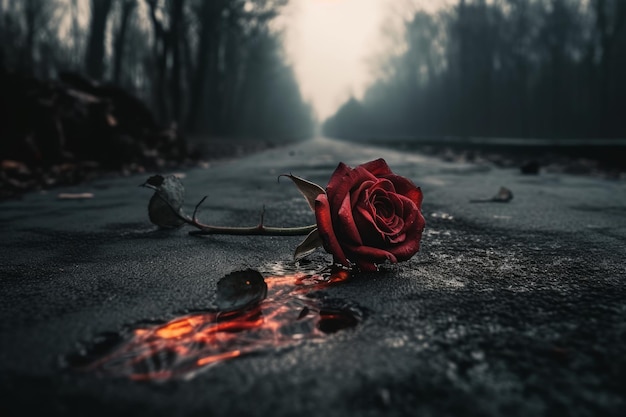 A red rose lies on a road in the dark.