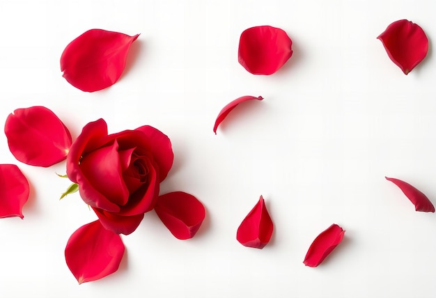 Red rose petal falling on white background