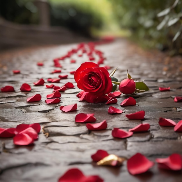 A red rose petal trail leading to a surprise for valentine day