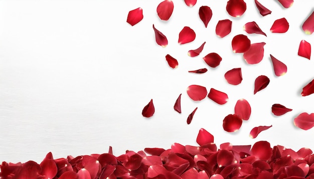 Red rose petals falling on white background Valentines Day anniversary background