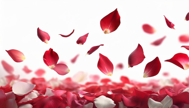 Red rose petals falling on white background Valentines Day anniversary background