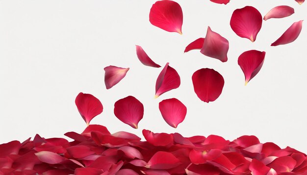 Red rose petals falling on white background Valentines Day anniversary background