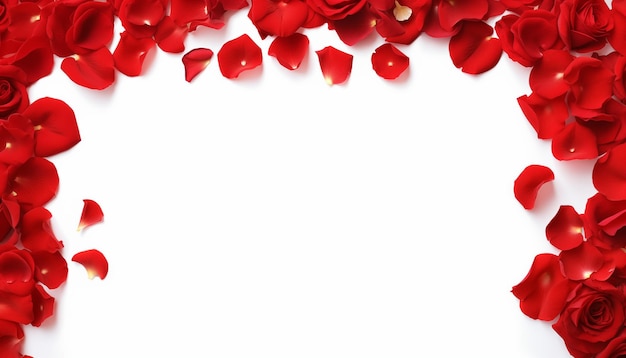 Photo red rose petals forming a border frame on a white background