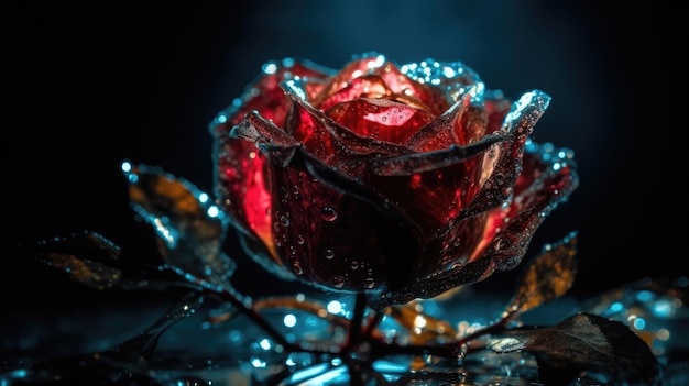 A red rose sits on a dark surface with water droplets on it.