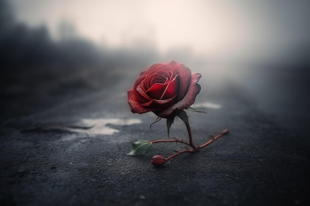 A red rose sits on the road in the fog.