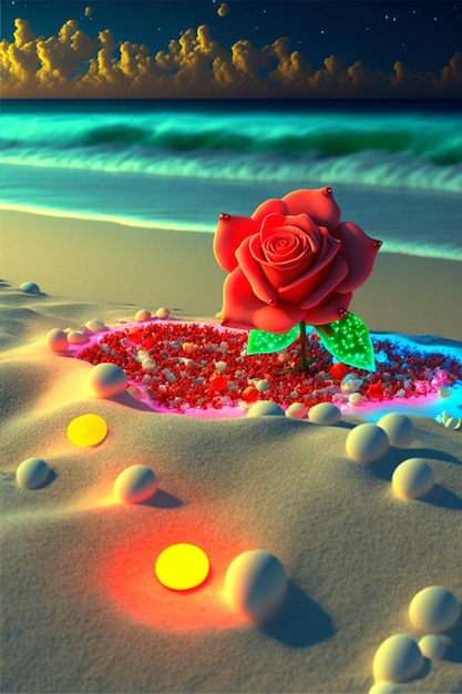 Red rose sitting on top of a sandy beach generative ai