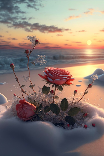 Red rose sitting on top of a snow covered beach generative ai