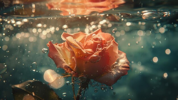 Photo red rose submerged in water with bubbles creating a realistic and captivating scene