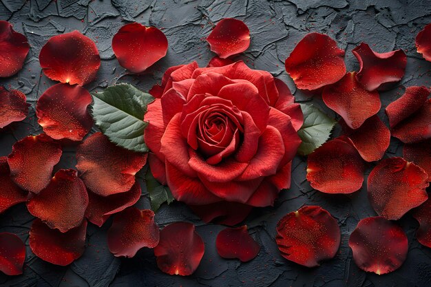 Red Rose Surrounded by Petals on Black Background