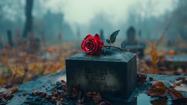 Photo red rose on tombstone in foggy cemetery realistic photo