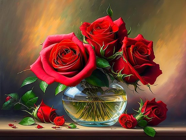 Red rose in vase on table Still life roses flowers in vase bouquet of red pink roses over wooden table Picture oil paints on canvas image created with generative AI