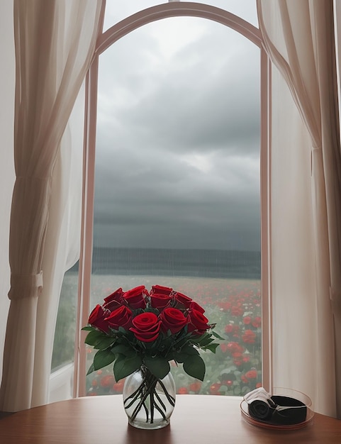 red rose warm flowers rose flowers cloudy rainy view in flower vase AI generated