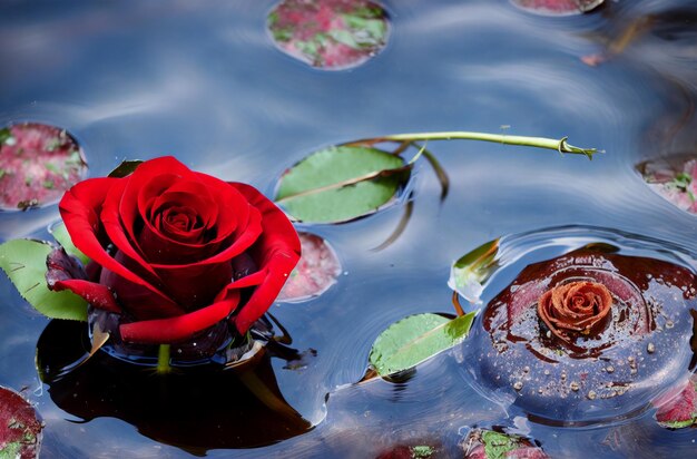 Red rose in water Bright rosebud floating in pond Generative AI