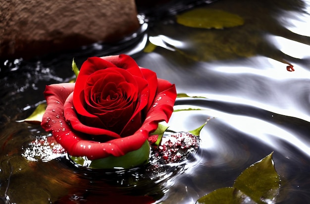 Red rose in water Bright rosebud floating in pond Generative AI