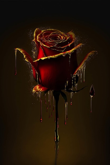 Red rose with blood dripping down it generative ai