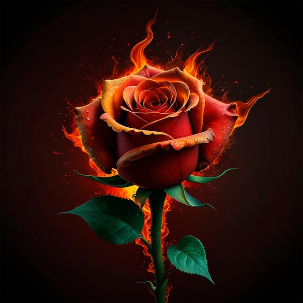 a red rose with flames and a fire on it