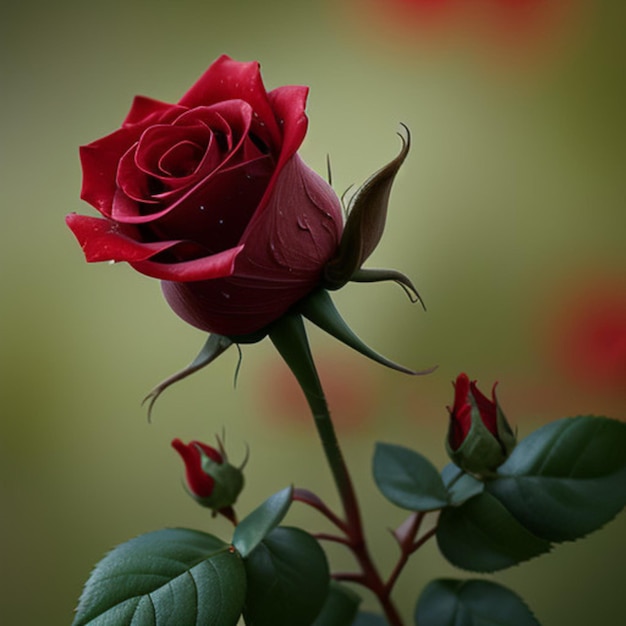 a red rose with a green background and a green background