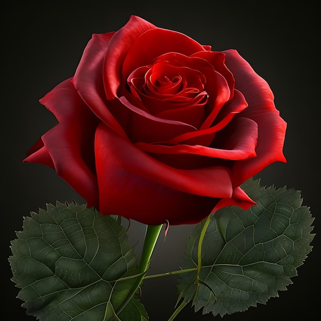 A red rose with green leaves and a black background