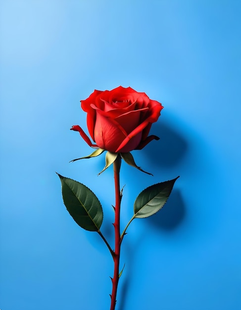 a red rose with green leaves on a blue background