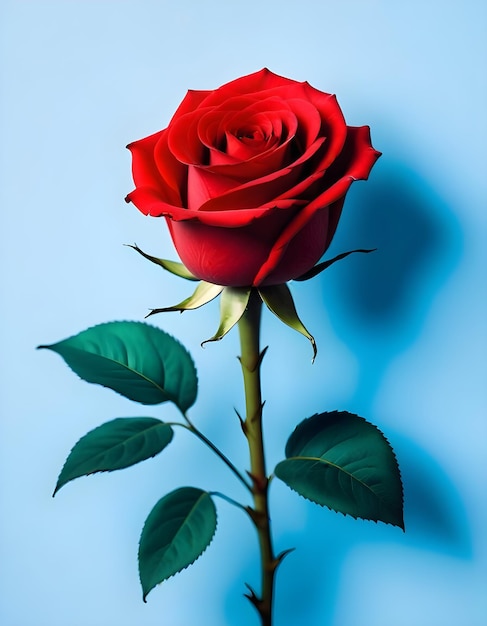 a red rose with green leaves and a blue background