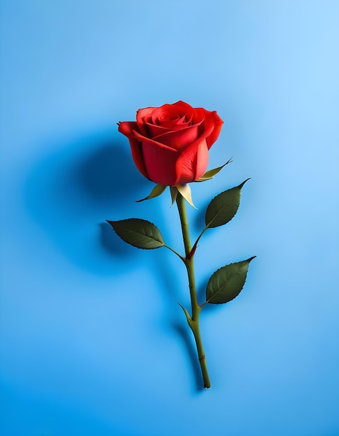 a red rose with green leaves on a blue background