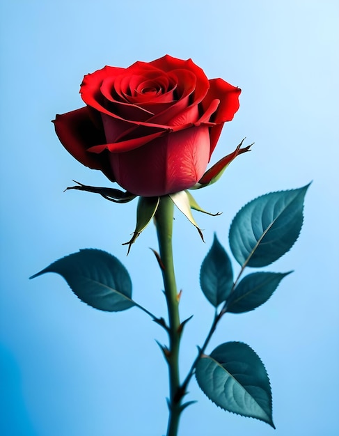 a red rose with green leaves and a blue sky background