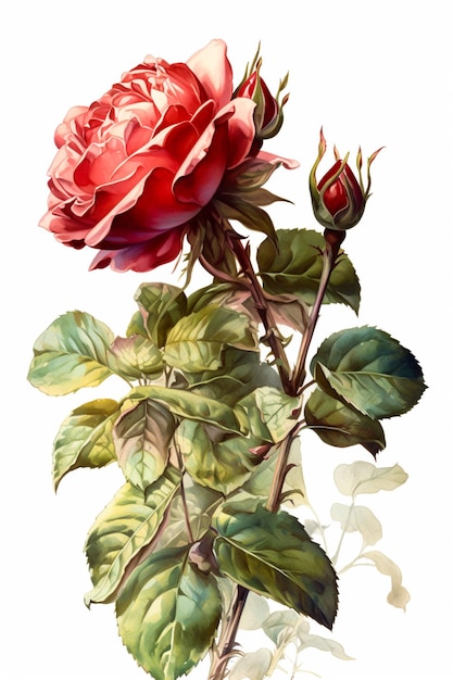 Red rose with green leaves isolated on white background Watercolor illustration