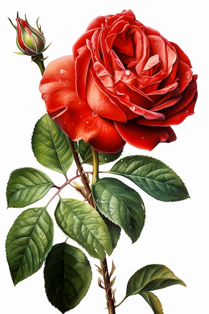 Red rose with green leaves isolated on white background Watercolor illustration