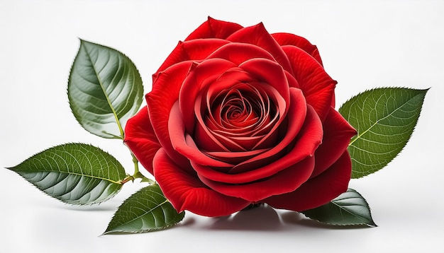 a red rose with green leaves on it