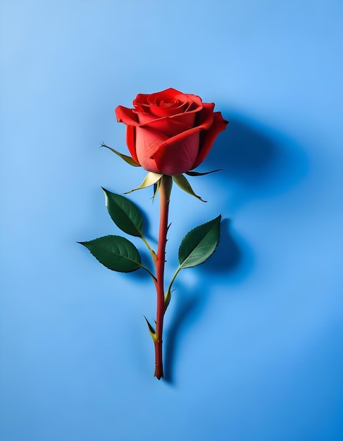 a red rose with green leaves on it