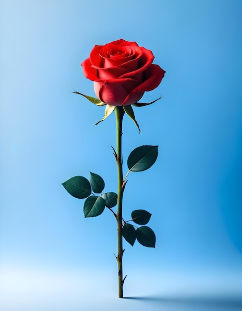 a red rose with green leaves on it