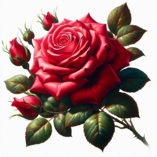 a red rose with green leaves and red leaves