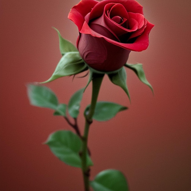 a red rose with green leaves on the stem