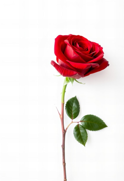 Photo a red rose with green leaves and a white background