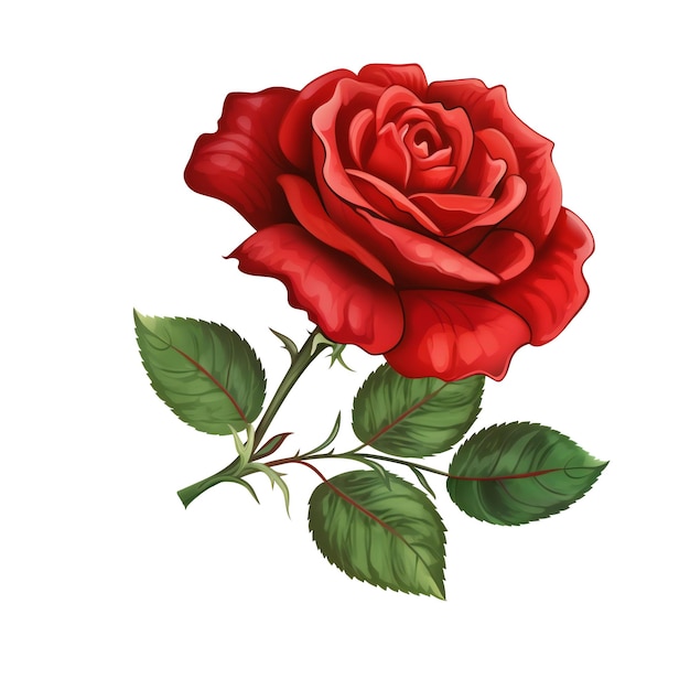 A red rose with green leaves on a white background.