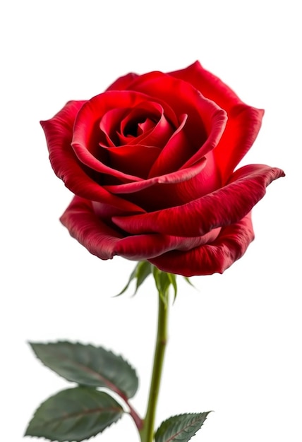 Photo a red rose with a green stem and a white background