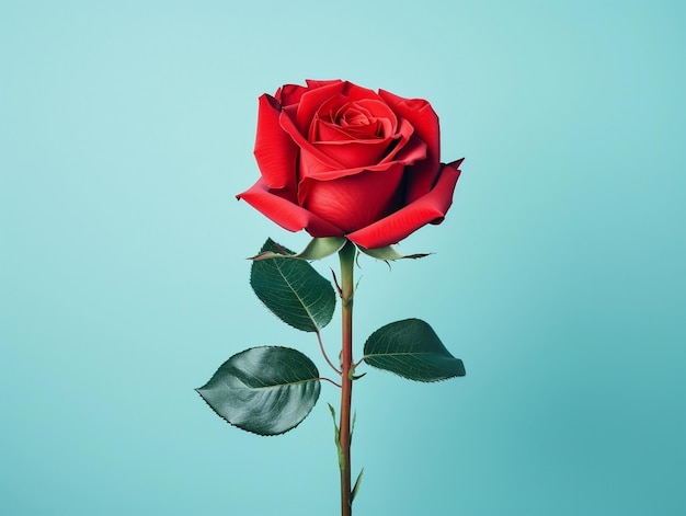 Red rose with leaf on light blue background