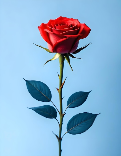 a red rose with leaves on it is shown in the picture