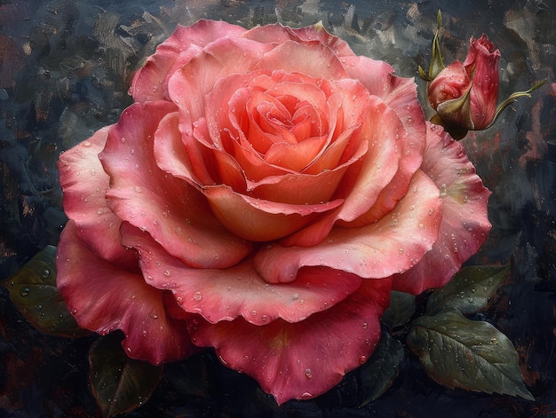 a red rose with pink petals and green leaves