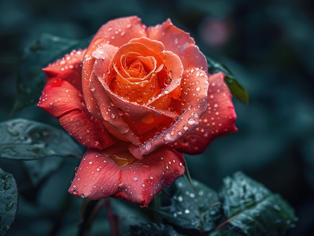 a red rose with rain drops on it