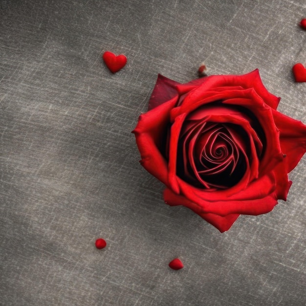 A red rose with small hearts on a gray background.