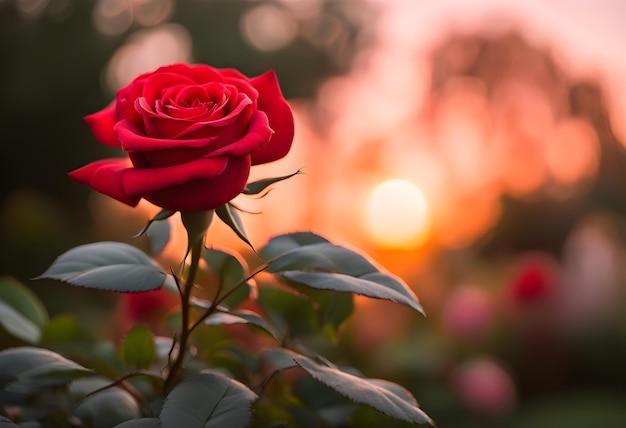 a red rose with the sun behind it