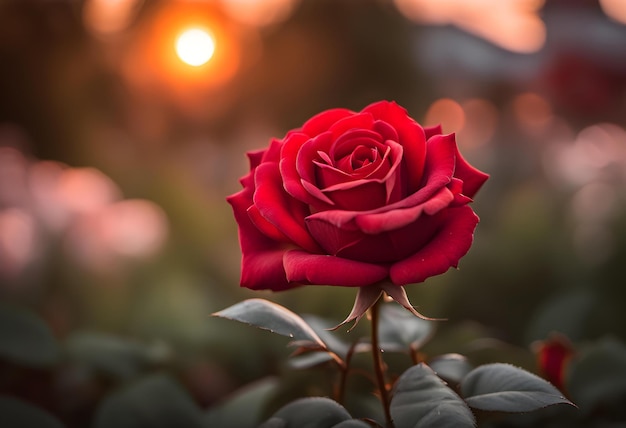 a red rose with the sun behind it