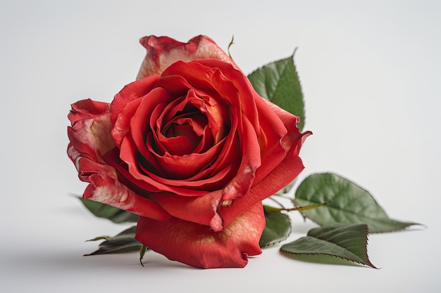 Red rose with water drops on a white background