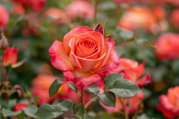 a red rose with yellow and red petals is in a garden