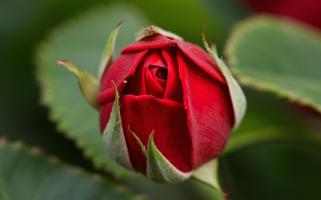 Photo red rosebud gently unfolding in closeup