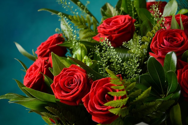 Red roses bouquet for valentine day. Love theme. Close up