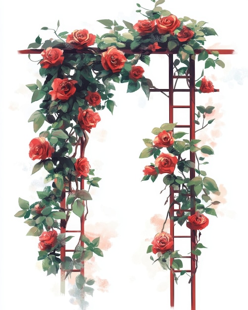 Photo red roses climbing a wooden trellis