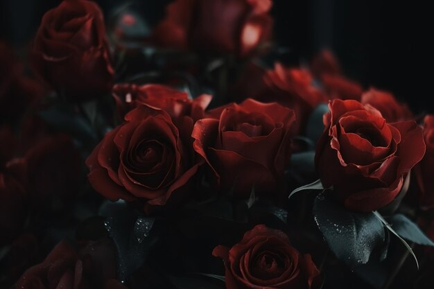 Red roses closeup dark romantic background Flowers wallpaper Ai generated